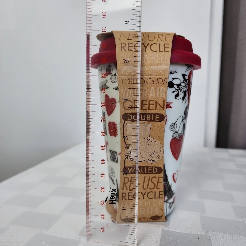 Eco One Ceramic Ciroa Silicone Lid Reuse Paris Themed Pattern Travel Mug NWT